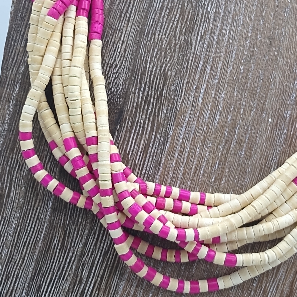 Pink & Cream Faux Bone Bead Multi-Strand Statement Choker Bib Necklace Vintage - Picture 5 of 9